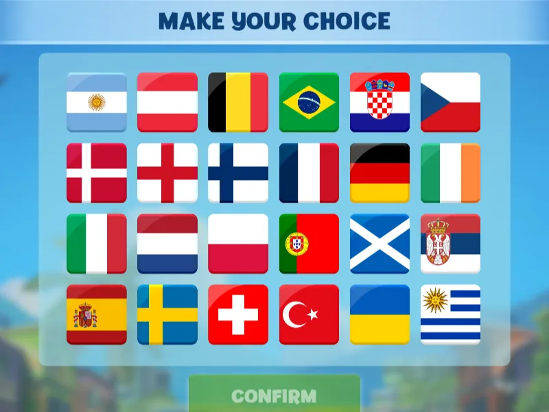 Jeu du penalty : l'écran Make your choice avec vingt-quatre drapeaux et le bouton Confirm